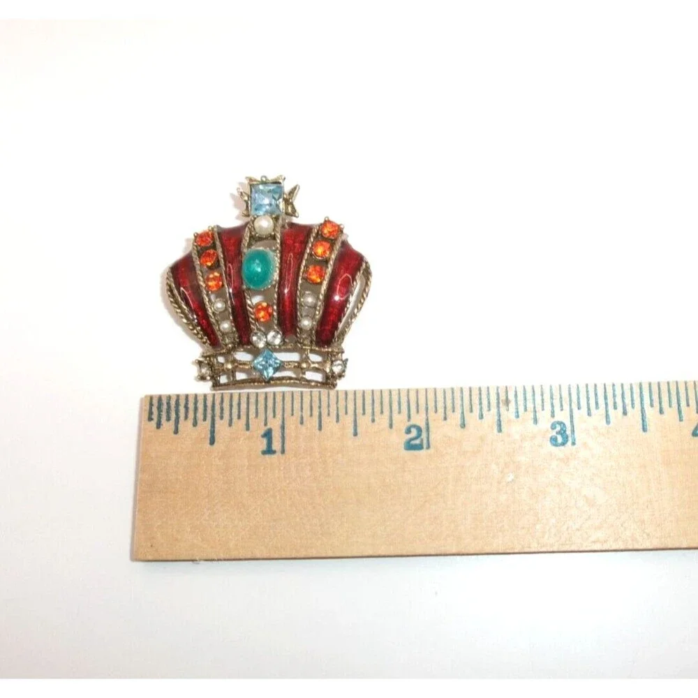 Vintage Royal Queen King Crown Brooch Multi-Color Rhinestone & Enamel Pin Red